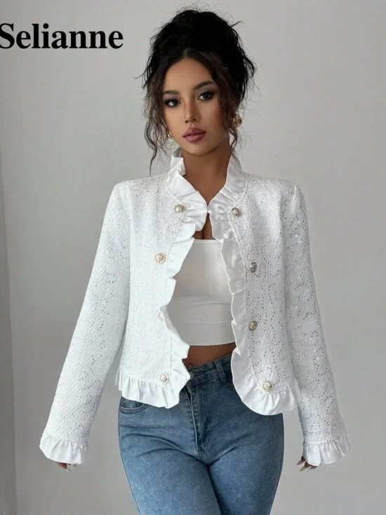 Selianne Women's Button & Sequence Ruffle Trim Jacket - Picture 3 of 5